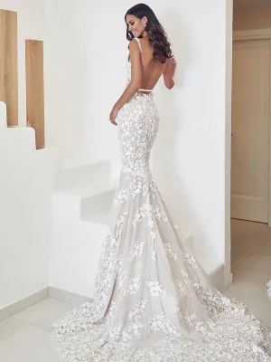 Straps Mermaid Wedding Dresses Lace Appliqued Bridal Gowns