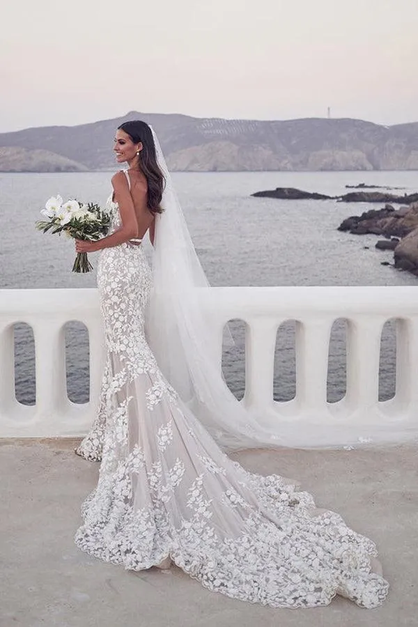 Straps Mermaid Wedding Dresses Lace Appliqued Bridal Gowns
