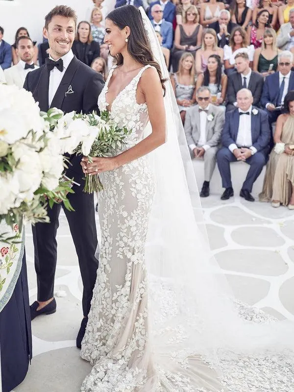 Straps Mermaid Wedding Dresses Lace Appliqued Bridal Gowns