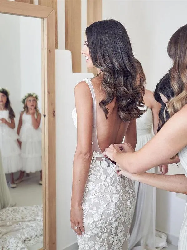 Straps Mermaid Wedding Dresses Lace Appliqued Bridal Gowns