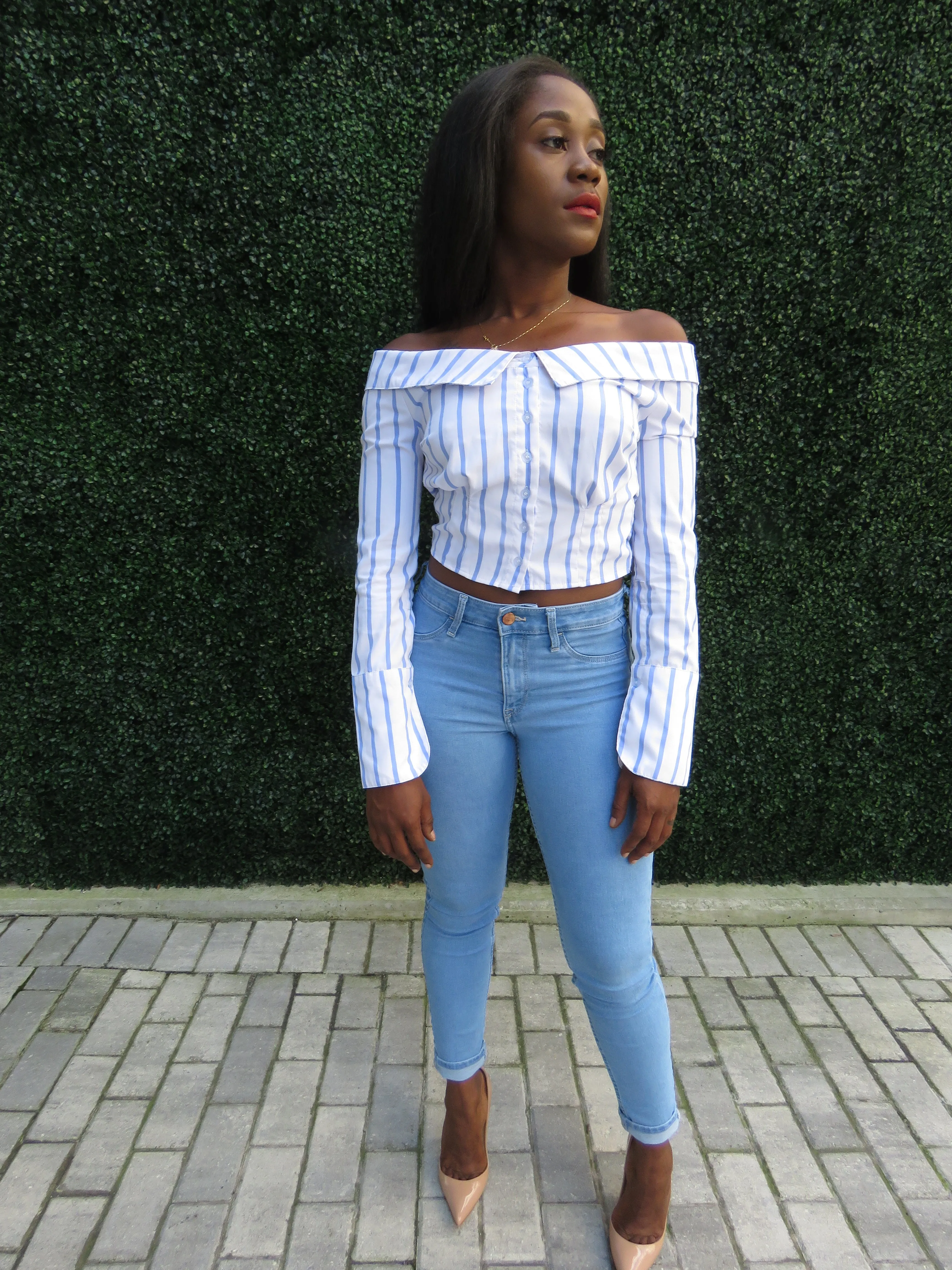 STRIPE OFF SHOULDER SHIRT TOP