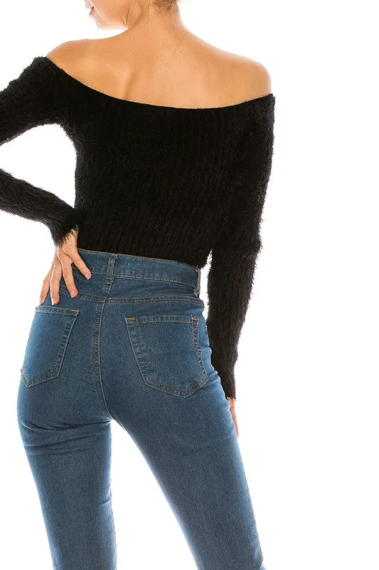 Sweater Off Shoulder Eyelash Sweater Crop