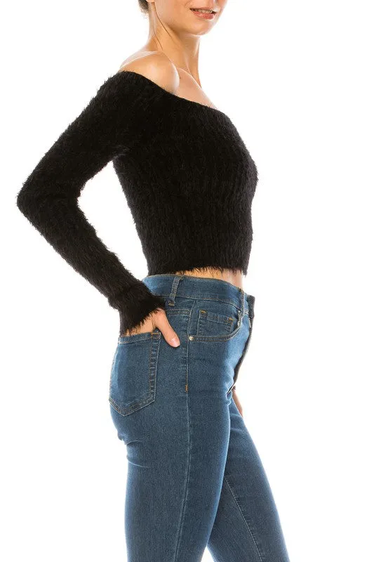 Sweater Off Shoulder Eyelash Sweater Crop
