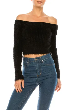 Sweater Off Shoulder Eyelash Sweater Crop