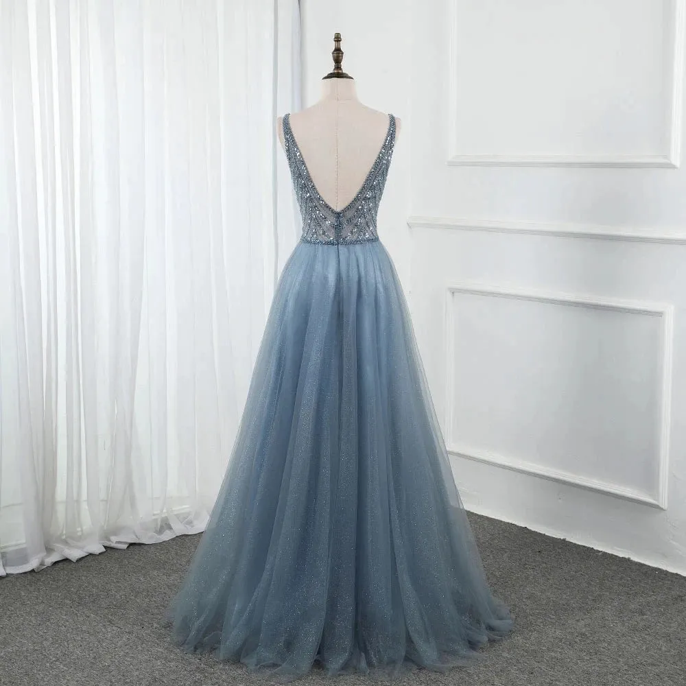 Sweet Blue Long V Neck Tulle Beading Backless Split Formal Prom Gowns OKW65