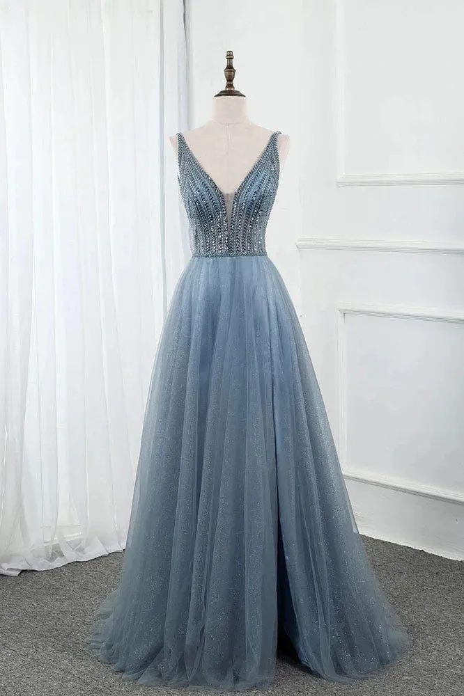 Sweet Blue Long V Neck Tulle Beading Backless Split Formal Prom Gowns OKW65