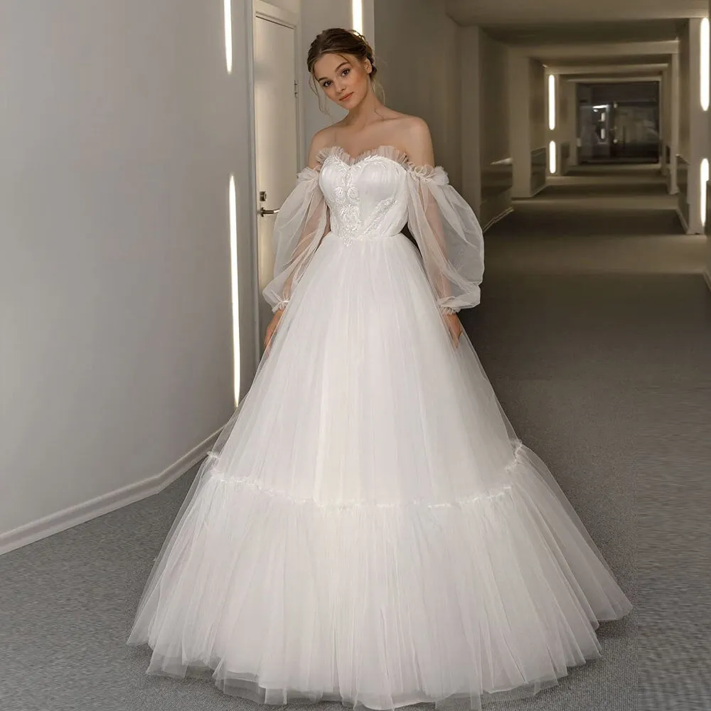 Sweetheart Neck Lace Up Back Floor Length Beading Lace Tulle Pleat Wedding Dresses Long Sleeve None Tail