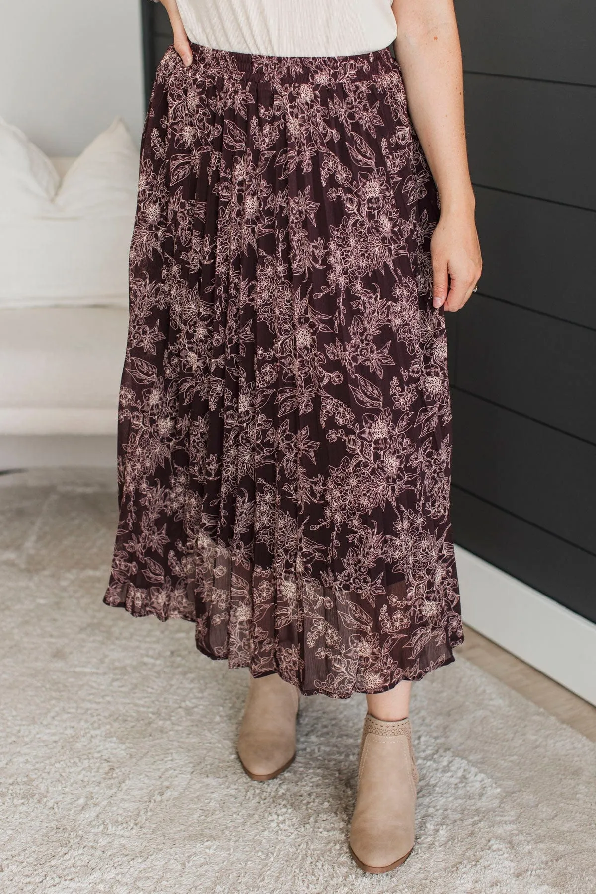 Swoon-Worthy Style Floral Maxi Skirt- Dark Plum