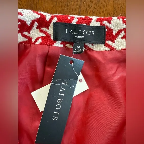 Talbots Women Petite Wool Mini Skirt Red Houndstooth Preppy Academia Size 6P NWT
