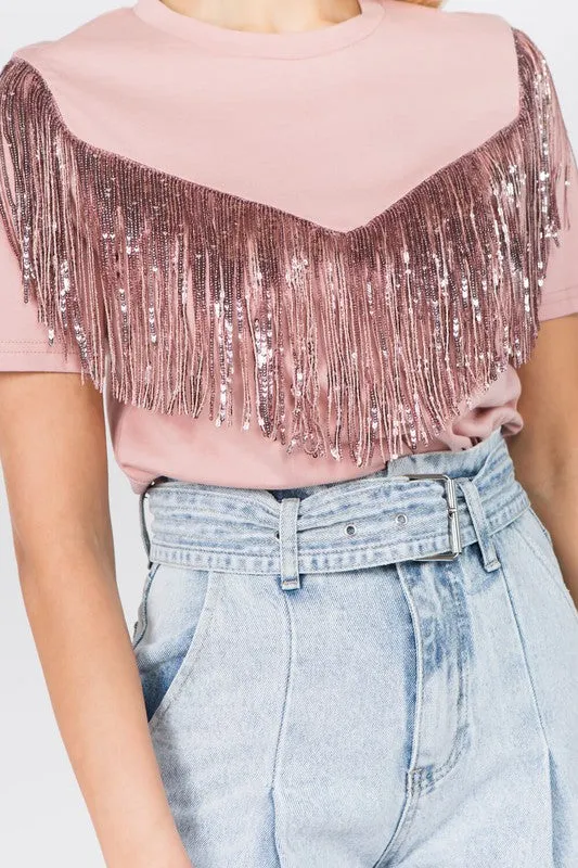 TEE W/ SEQUIN FRINGE