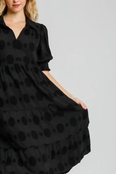 The Dotted Line Solid Dot Jacquard Midi Dress in Black - Misses and Curvy