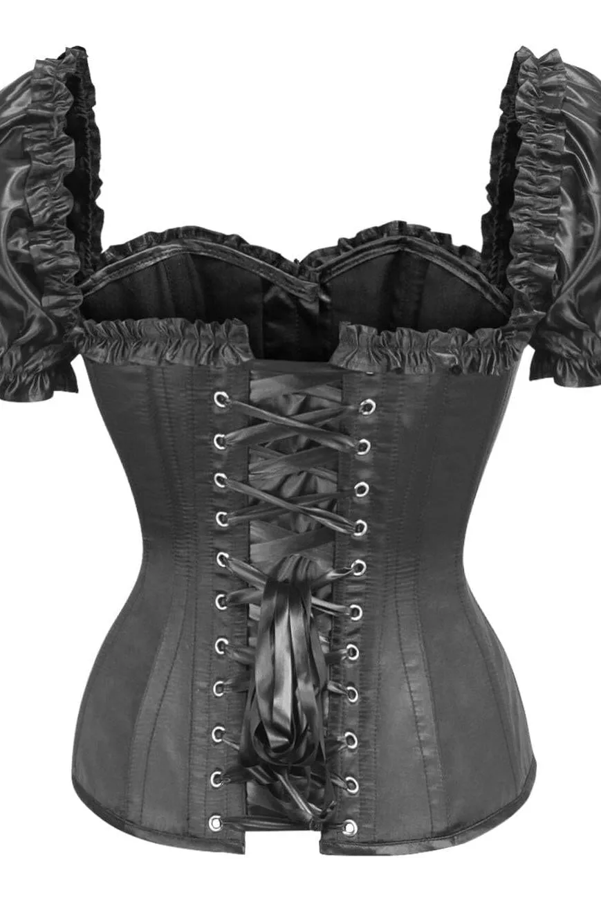 Top Drawer Steel Boned Black Satin Overbust Corset w/Sleeves
