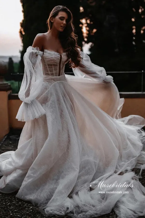 Tulle A-line Sweetheart Lace Long Sleeves Chapel Train Wedding Dresses, MW1048