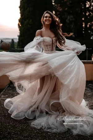 Tulle A-line Sweetheart Lace Long Sleeves Chapel Train Wedding Dresses, MW1048