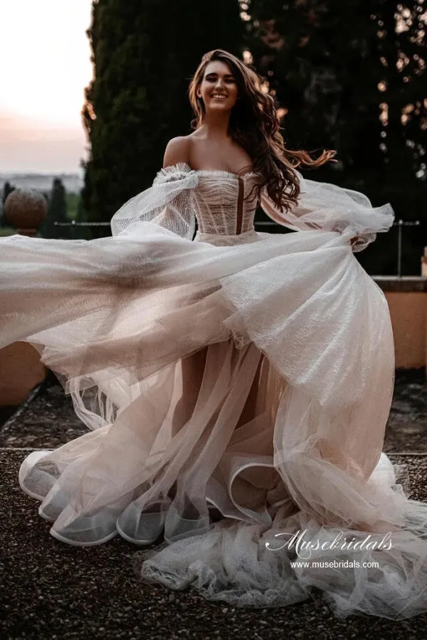 Tulle A-line Sweetheart Lace Long Sleeves Chapel Train Wedding Dresses, MW1048