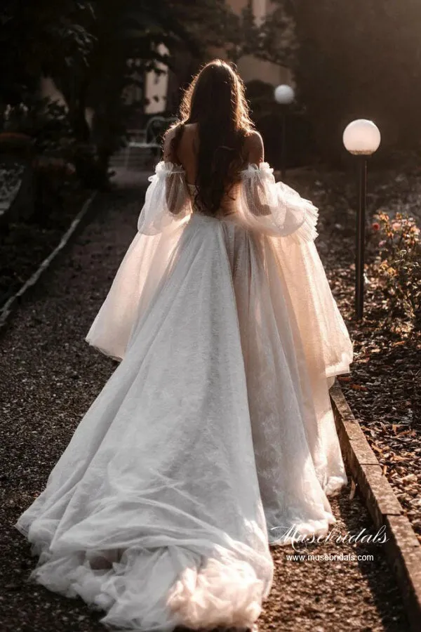 Tulle A-line Sweetheart Lace Long Sleeves Chapel Train Wedding Dresses, MW1048