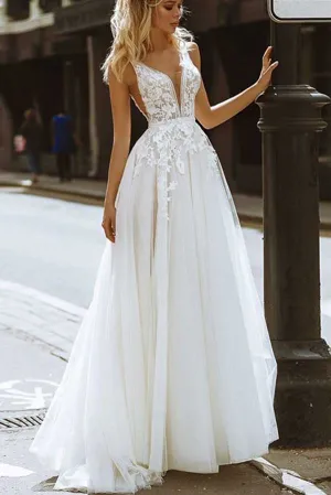 Tulle A-line V-neck Backless Lace Appliques Wedding Dresses, Wedding Gown, MW791