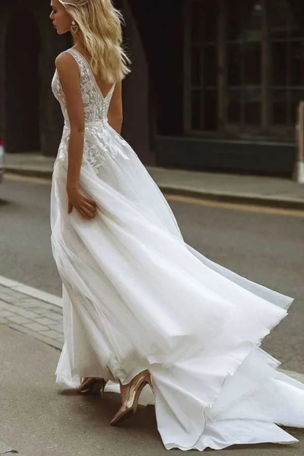 Tulle A-line V-neck Backless Lace Appliques Wedding Dresses, Wedding Gown, MW791