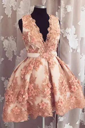 Tulle A-line V-neck Homecoming Dress Pearl Pink Short Prom Dress,MH439