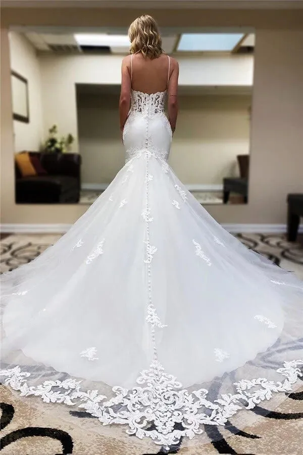 Tulle Mermaid Lace V-neck Spaghetti Straps Wedding Dresses With Train, MW902