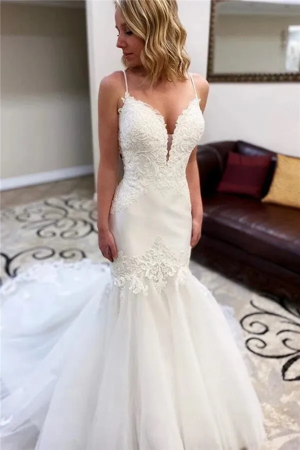 Tulle Mermaid Lace V-neck Spaghetti Straps Wedding Dresses With Train, MW902