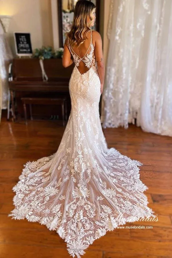 Tulle Mermaid Spaghetti Straps V-neck Lace Appliques Wedding Dresses, MW870