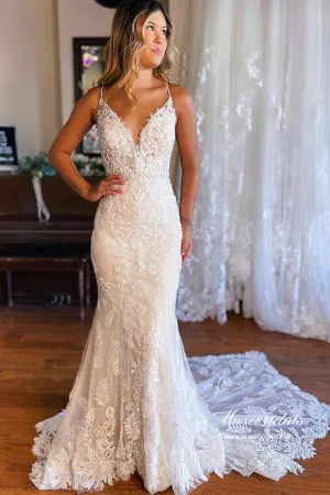 Tulle Mermaid Spaghetti Straps V-neck Lace Appliques Wedding Dresses, MW870