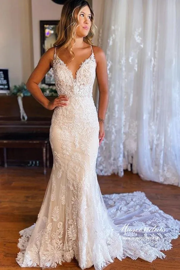 Tulle Mermaid Spaghetti Straps V-neck Lace Appliques Wedding Dresses, MW870