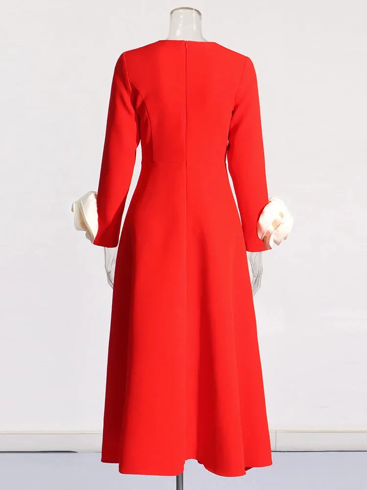 TWOTWINSTYLE Colorblock Patchwork Appliques Elegant Dress
