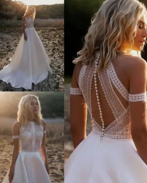 Unique Boho Wedding Dresses Halter Neckline Sexy Lace Bridal Wedding Gowns with Cap Sleeves