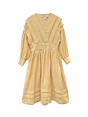 Unlogical Poem Victorian style V-neck Pleated High waist Yellow Dress