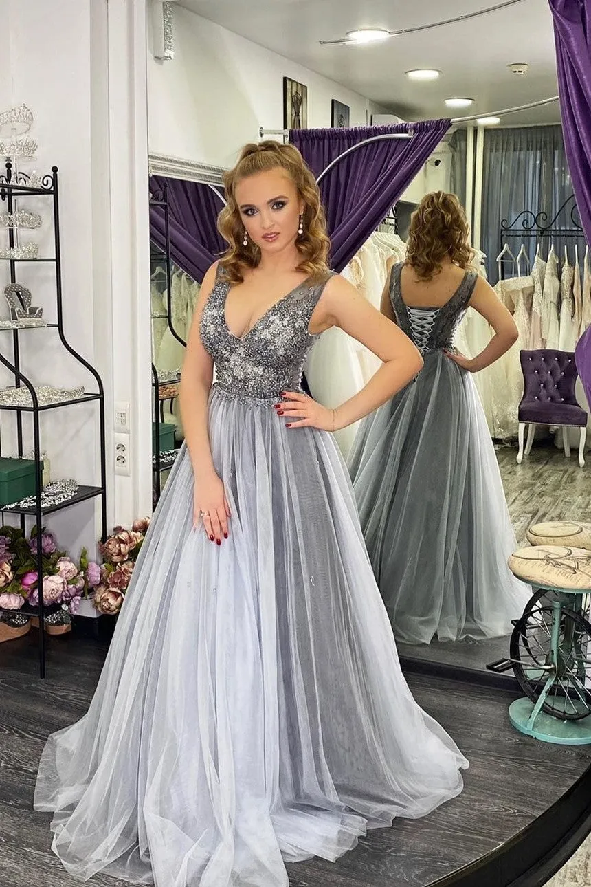 V-neck Beaded Gray Prom Gown with Long Tulle Skirt