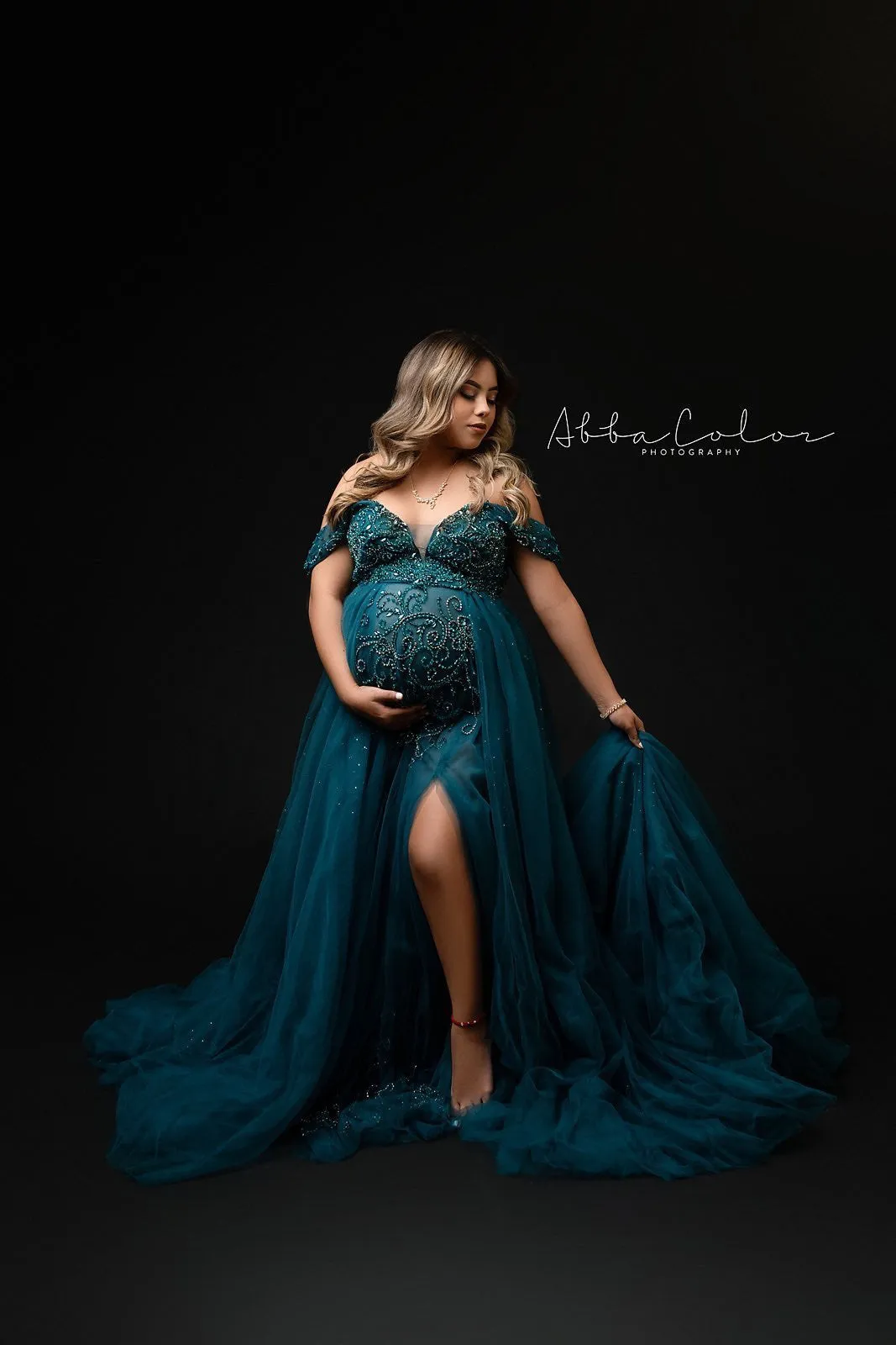 V Neck Beaded Maternity Dress for Photoshoot Elegant Sleeveless Maxi Dress Photography Gowns