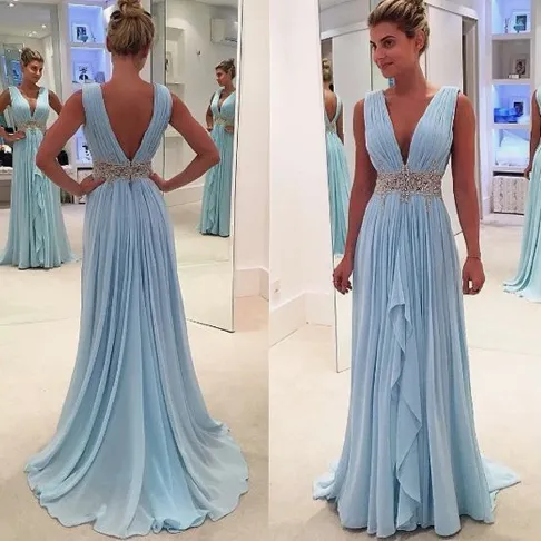 v neck blue prom dresses long chiffon beaded pleated elegant sleeveless prom gown 2020