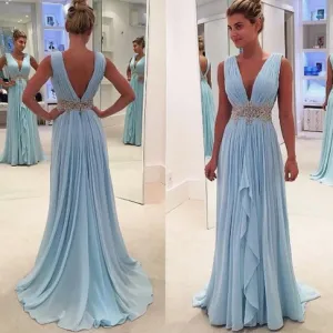 v neck blue prom dresses long chiffon beaded pleated elegant sleeveless prom gown 2020