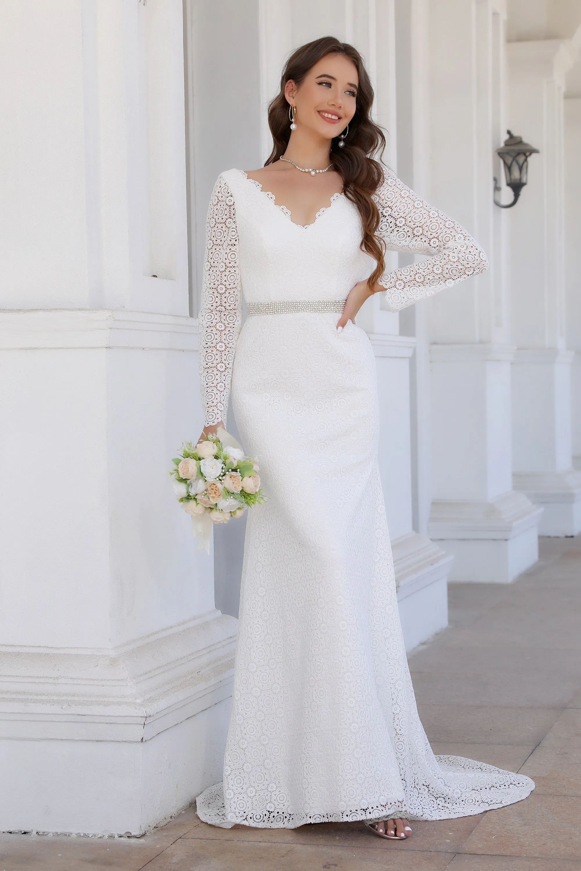 V Neck Long Sleeve Simple Ivory Wedding Dress
