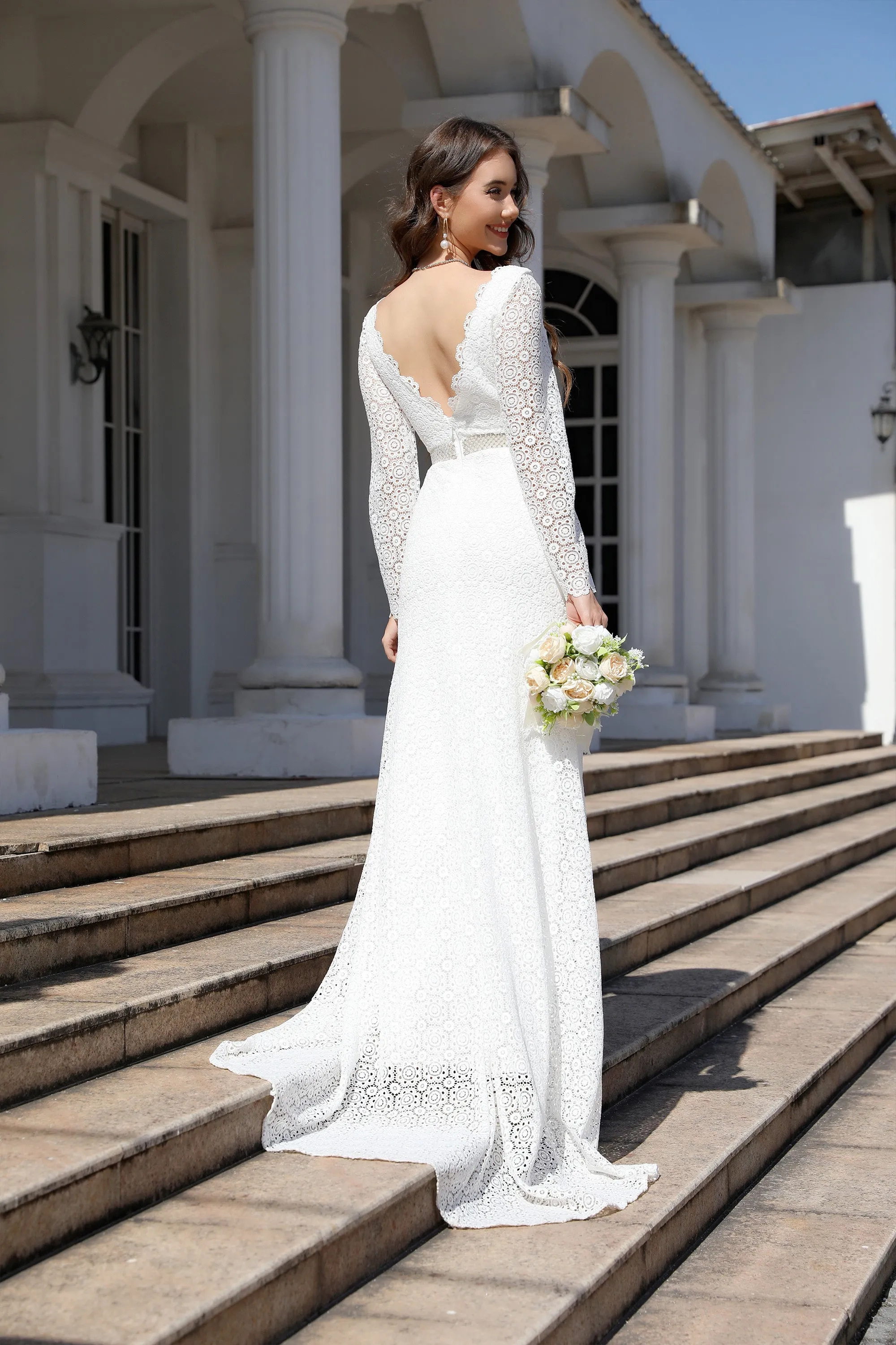 V Neck Long Sleeve Simple Ivory Wedding Dress