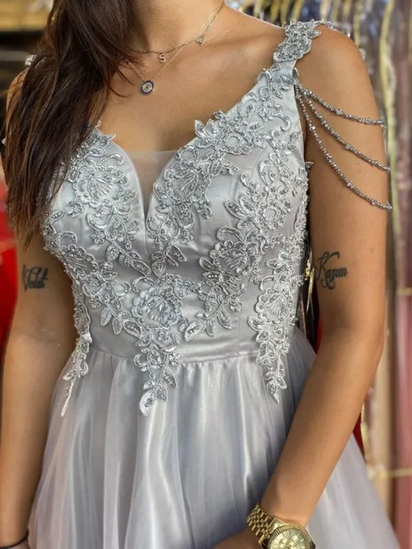 V Neck Open Back Gray Lace Long Prom Dresses, Long Grey Lace Formal Graduation Evening Dresses