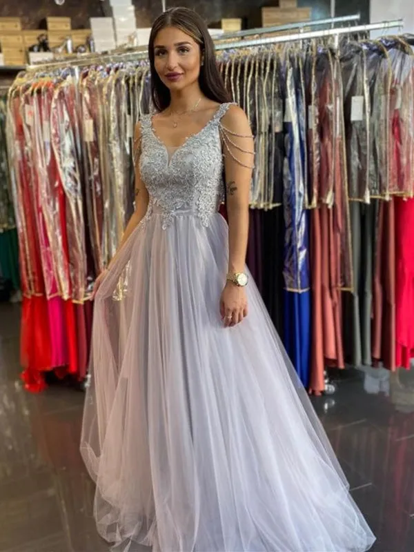 V Neck Open Back Gray Lace Long Prom Dresses, Long Grey Lace Formal Graduation Evening Dresses