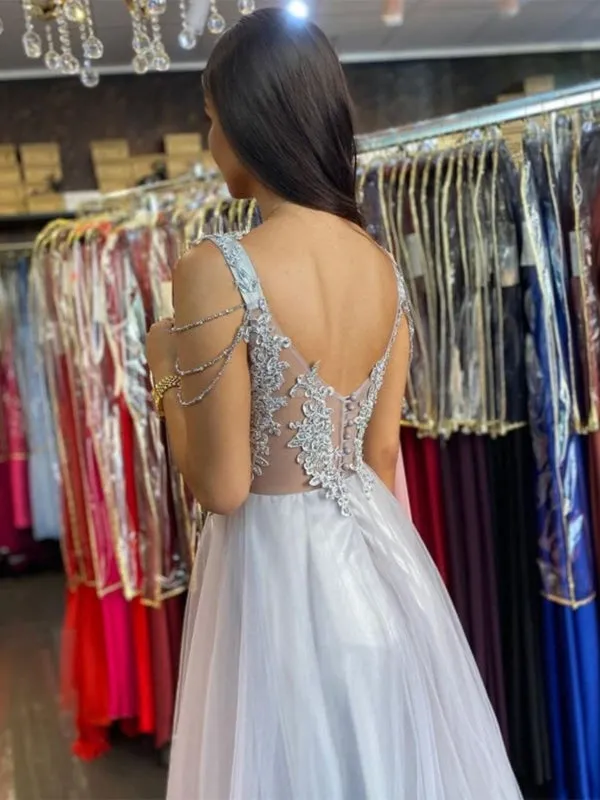 V Neck Open Back Gray Lace Long Prom Dresses, Long Grey Lace Formal Graduation Evening Dresses