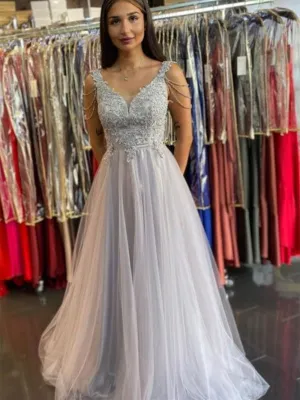V Neck Open Back Gray Lace Long Prom Dresses, Long Grey Lace Formal Graduation Evening Dresses
