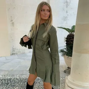 V-neck Solid Color High Waist Shirt Dress