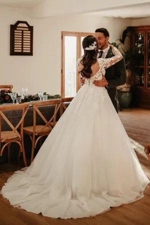 V-neck Tulle Bride Dress with Sheer Long Sleeves
