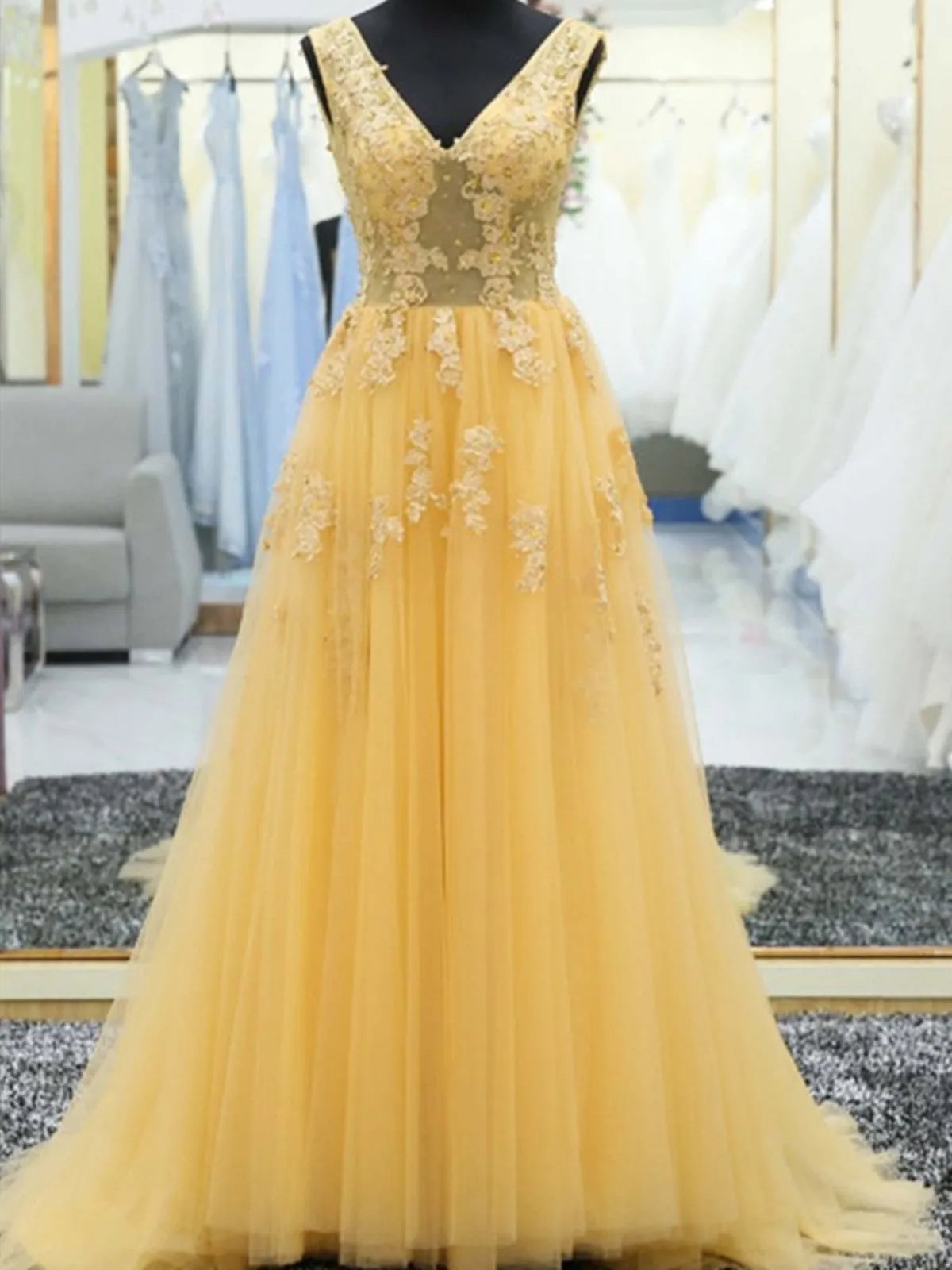 V Neck Yellow Lace and Tulle Long Ball Gowns,Yellow Lace and Tulle Prom Dresses, Evening Dresses