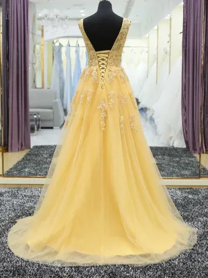 V Neck Yellow Lace and Tulle Long Ball Gowns,Yellow Lace and Tulle Prom Dresses, Evening Dresses