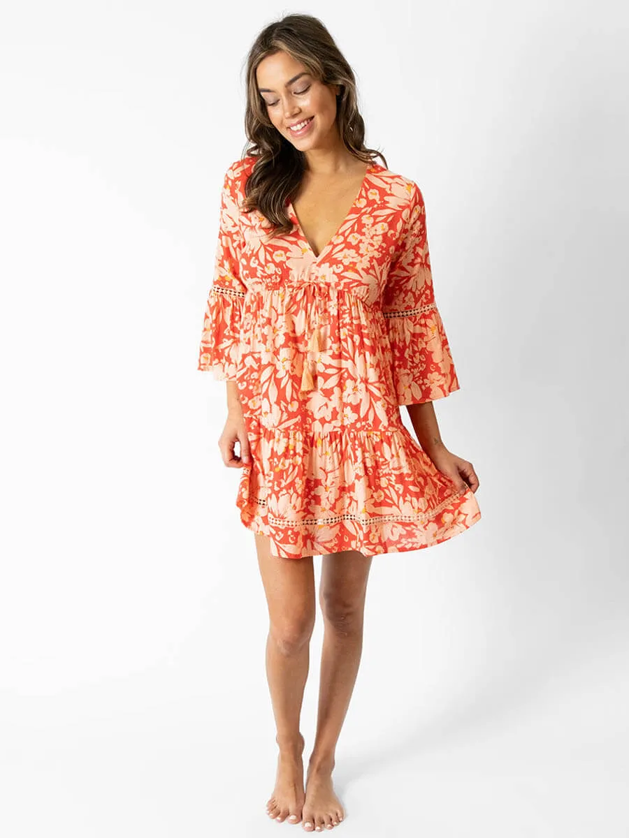 Valencia Tiered Bell Sleeve Dress in Pink