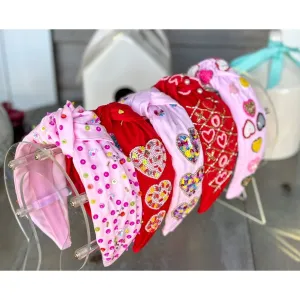Valentine's Day Sequin Hearts Top Knot Pink Headband.