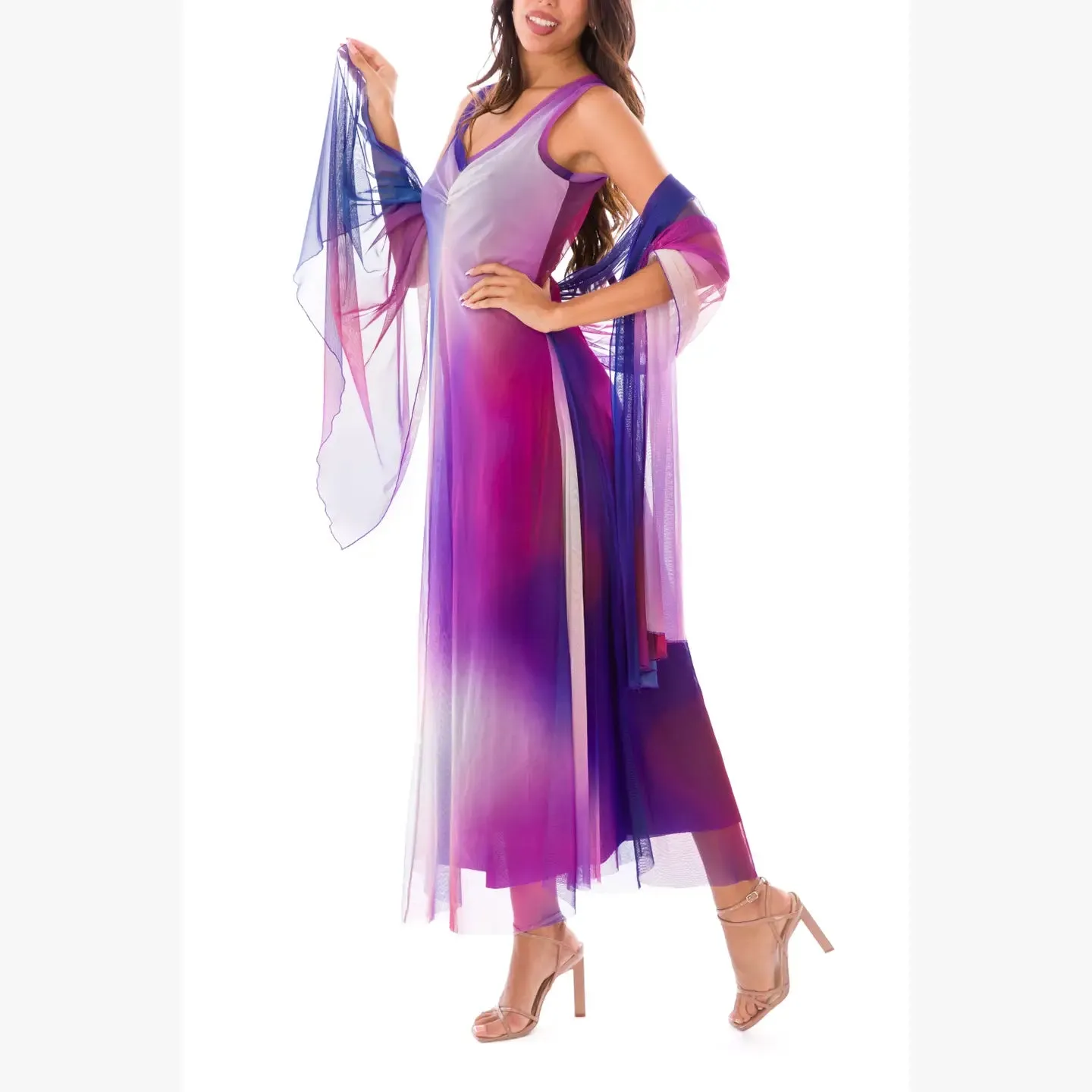 VENUS Long Strapless Flared Empire Mesh Print Dress