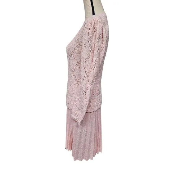 Vintage 1970s Leslie Petite Fay Pink Pleated Midi Skirt Crochet Puff Sleeve Top