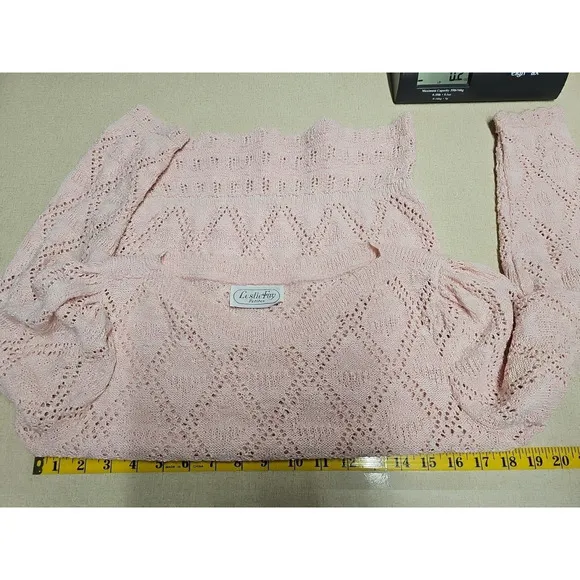 Vintage 1970s Leslie Petite Fay Pink Pleated Midi Skirt Crochet Puff Sleeve Top